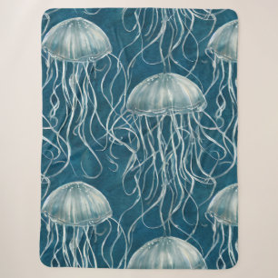 Marine Blue and White Jelly Fish Pattern Sherpa Blanket