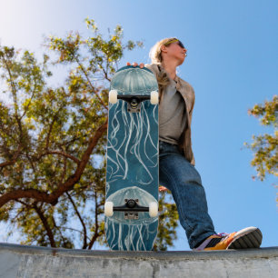 Marine Blue and White Jelly Fish Pattern Skateboard