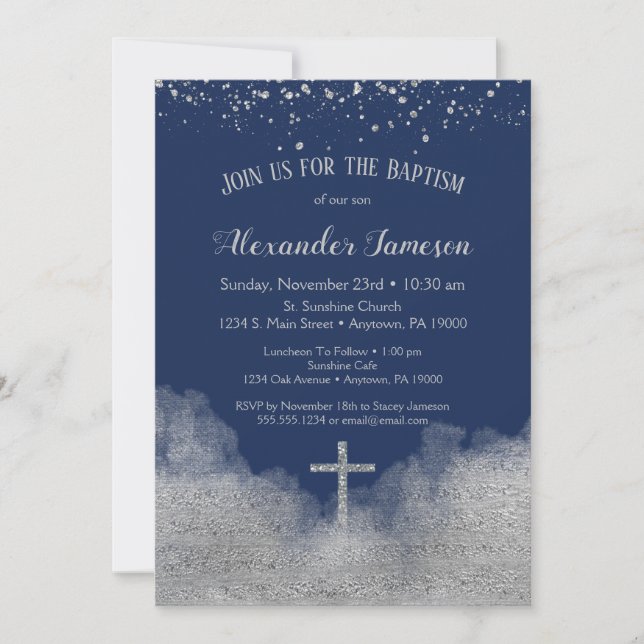 Marine Blue Argent Confetti Baptême Invitation Gar (Devant)