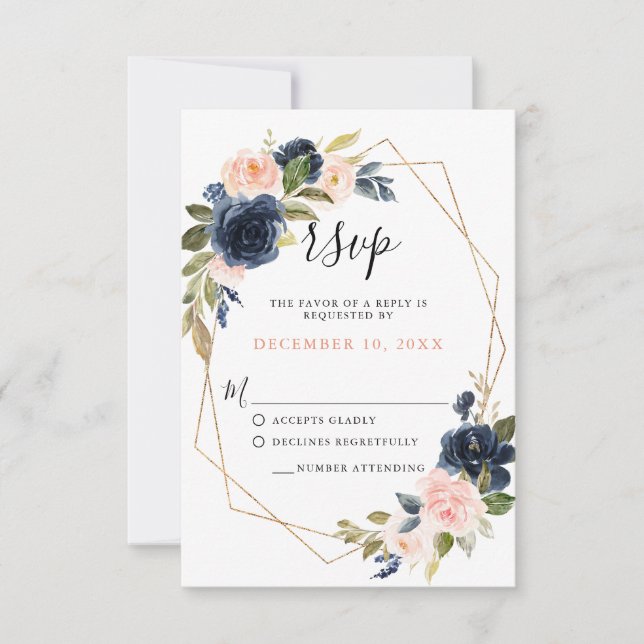 Marine Blue Blush Rose Rose Boho mariage RSVP (Devant)