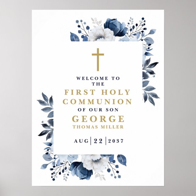 Marine Blue Boho Floral Holy Communion Affiche de  (Devant)