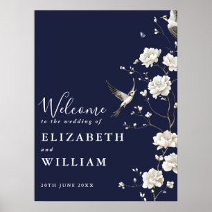 Marine Blue Chinoiserie Floral Mariage Affiche de 