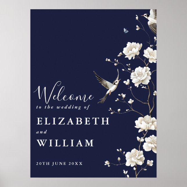 Marine Blue Chinoiserie Floral Mariage Affiche de  (Devant)