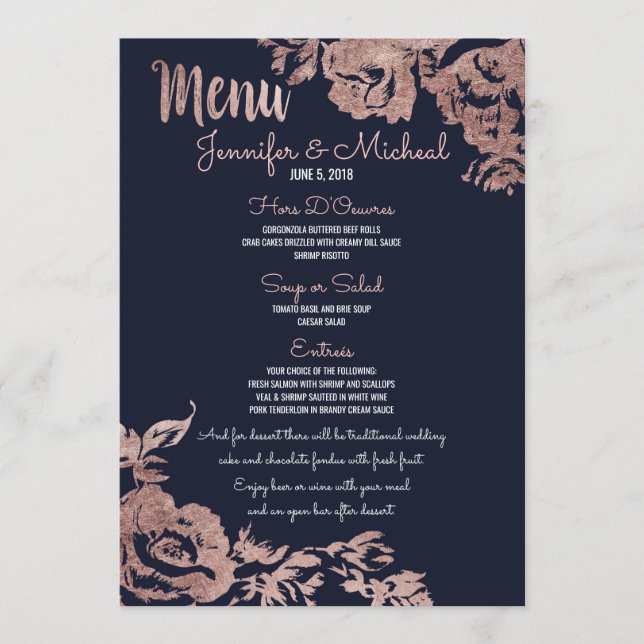 Marine Blue et Rose Gold Floral Mariage Menu (Devant)