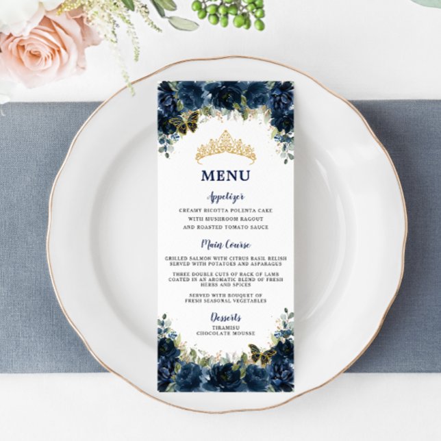 Marine Blue Floral Gold Quinceanera Menu d'anniver (Créateur téléchargé)