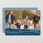 Marine Blue Geo Script | Hanukkah Photo Holiday Card<br><div class="desc">Share Hanukkah greetings with friends and family with our elegant and modern Hanukkah photo card,  featuring your favourite photo with overlapping bands of deep marine blue and "Happy Hanukkah" in modern handwritten style typography. Personalize with your family name or custom greeting.</div>