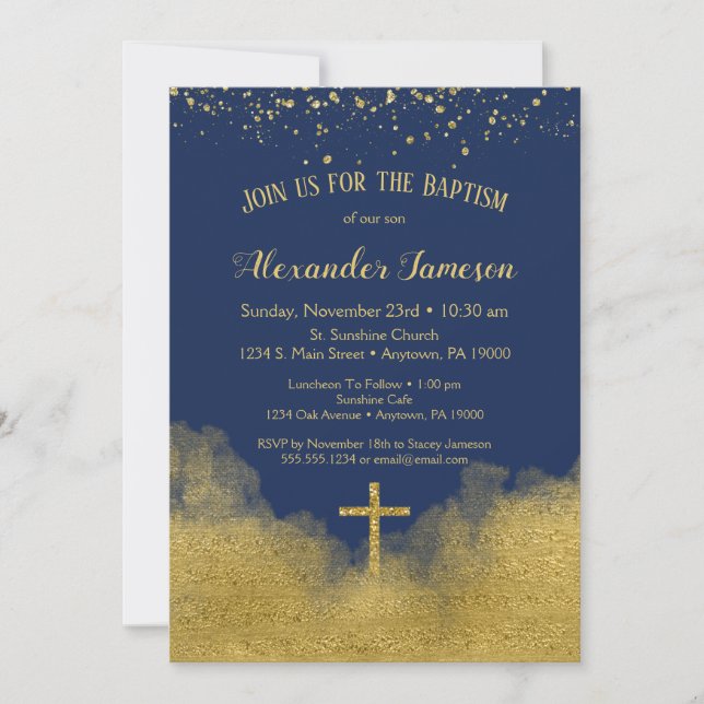Marine Blue Gold Confetti Baptême Invitation Garço (Devant)