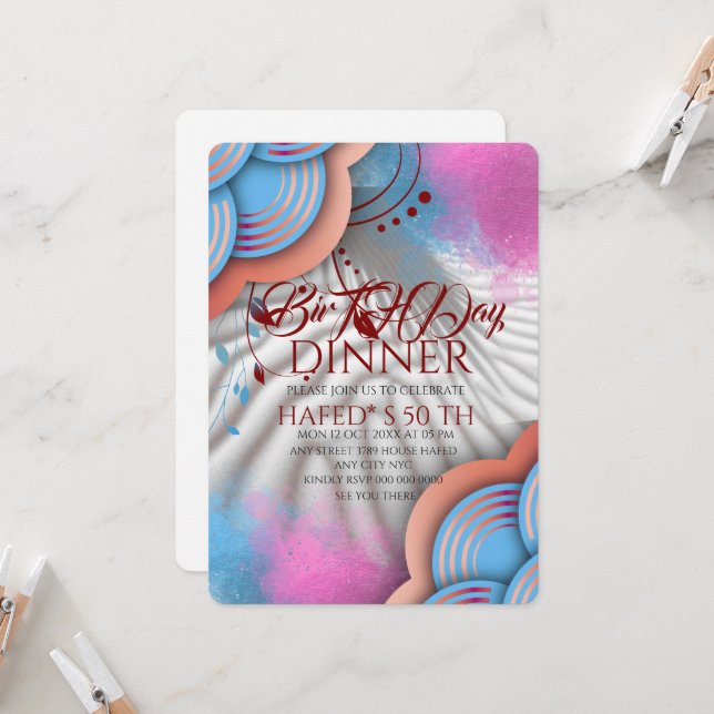 Marine Blue Gold FloraL Invitation Modèle Blue Bo (Devant/Arrière en situation)