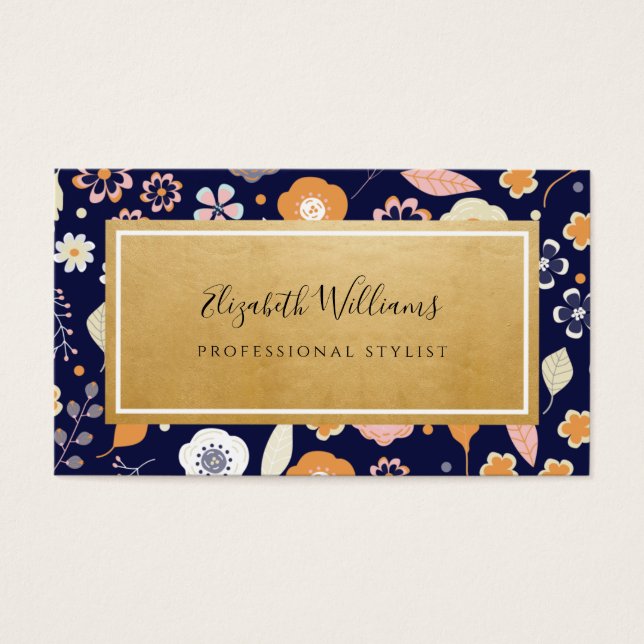 Marine Blue Gold Florals Styliste Cartes de visite (Devant)