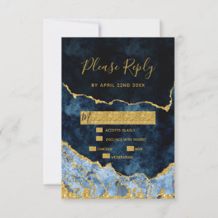 Marine Blue Gold Foil Agate Gilt Wedding RSVP Répo
