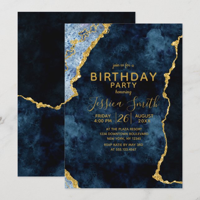 Marine Blue & Gold Foil Invitation de fête d'anniv (Devant / Derrière)