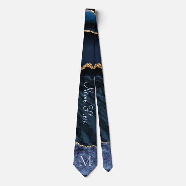 Marine Blue Gold Marble Custom Lettre Nom Cravate (Devant)
