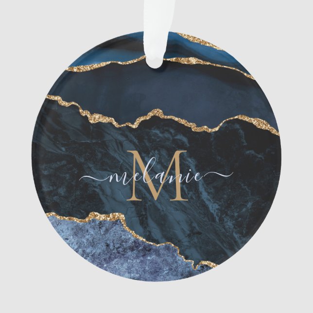 Marine Blue Gold Marble Custom Lettre Nom de l'orn (devant)
