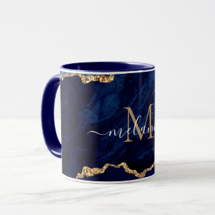 Marine Blue Gold Marble Custom Lettre Nom Mug
