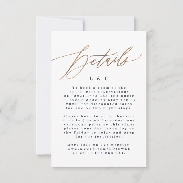 Marine Blue Hébergement Gold Mariage Détails Carte (Devant)