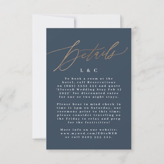 Marine Blue Hébergement Gold Mariage Détails Carte (Devant)