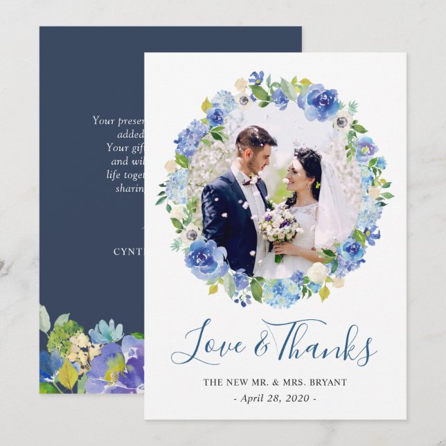 Marine Blue Hydrangea Floral Wreath Photo Merci (Devant / Derrière)