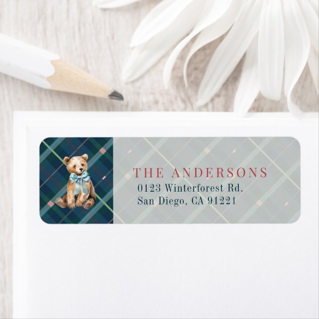 Marine Blue Plaid Teddy Bear Bow Adresse de retour (En situation)