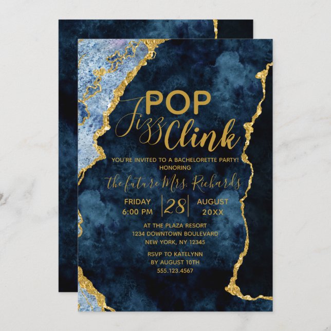Marine Blue Pop Fizz Clink Bachelorette Invitation (Devant / Derrière)