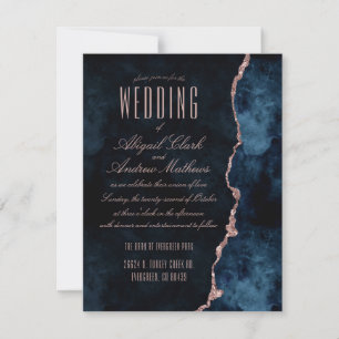 Marine Blue & Rose Gold Agate Mariage Invitations