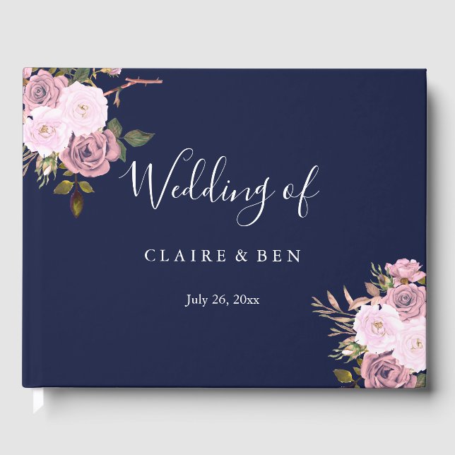 Marine Blue & Rose Gold Floral Mariage Livre d'or (Recto)