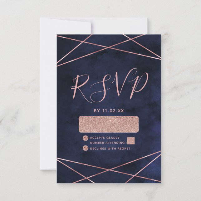 Marine Blue & Rose Gold Mariage géométrique RSVP (Devant)