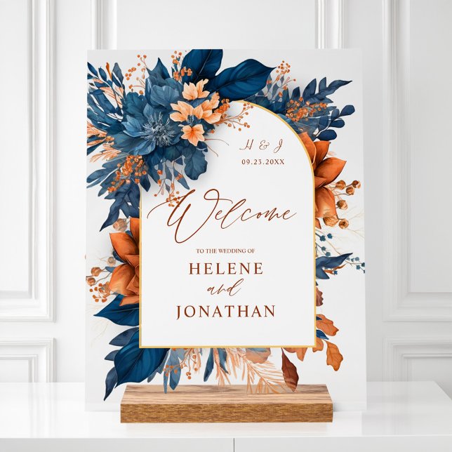 Marine Blue Rust Orange Élégant Mariage Bienvenue (Navy Blue Rust Orange Elegant Wedding Welcome Acrylic Sign)