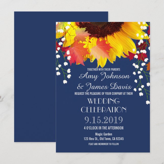 Marine Blue Rustic Sunflower Invitations de mariag (Devant / Derrière)