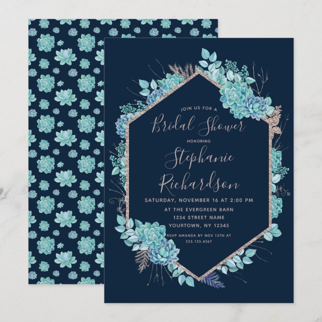 Marine Blue Succulents Nuptiale Douche Invitation (Devant / Derrière)