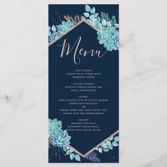 Marine Blue Succulents & Rose Gold Mariage Menu (Devant)