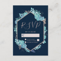 Marine Blue Succulents & Rose Gold Wedding RSVP