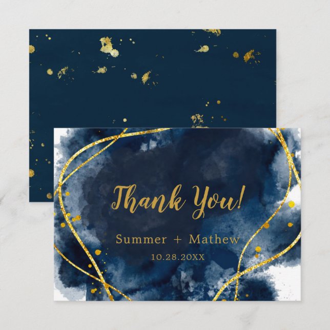 Marine Blue Watercolor Gold Mariage Merci Cartes (Devant / Derrière)