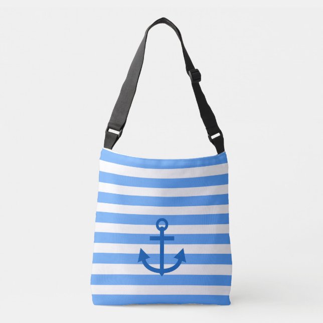 Marine Blue & White Anchor Stripes    Crossbody Bag (Front)