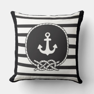 Marine Blue White Stripe Anchor and Figure 8 Knot Throw Pillow