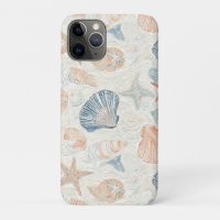 Marine Botanical Seashell Blue Coral Peach Pattern