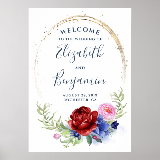 Marine Burgundy Blush Floral Mariage Affiche de bi (Devant)