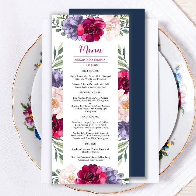 Marine Burgundy Blush Floral Mariage Menu (Créateur téléchargé)