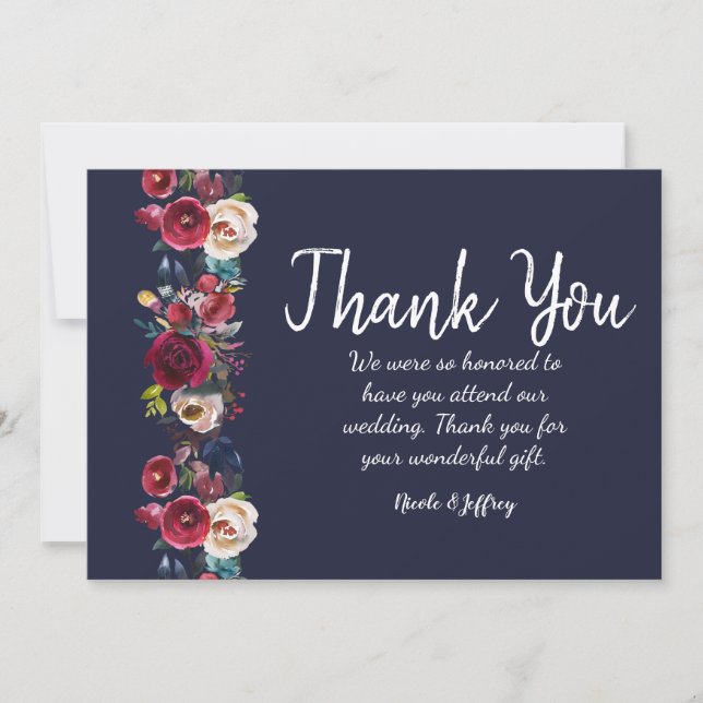 Marine Burgundy Merlot Floral Mariage Carte de rem (Devant)