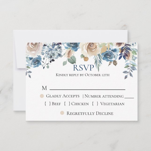 Marine Champagne bleu Mariage floral RSVP (Devant)