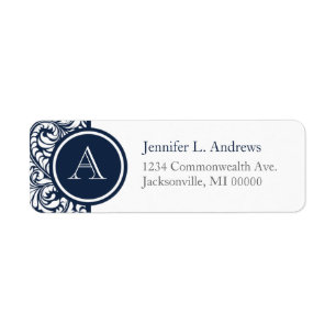 Marine Damask Monogramme Adresse Retour Étiquettes