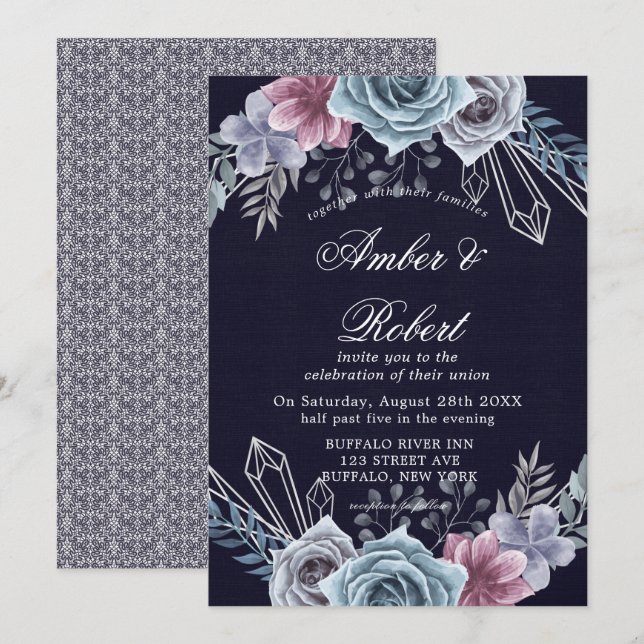 Marine Dusty Blue Rose Floral Wedding Invitations (Devant / Derrière)