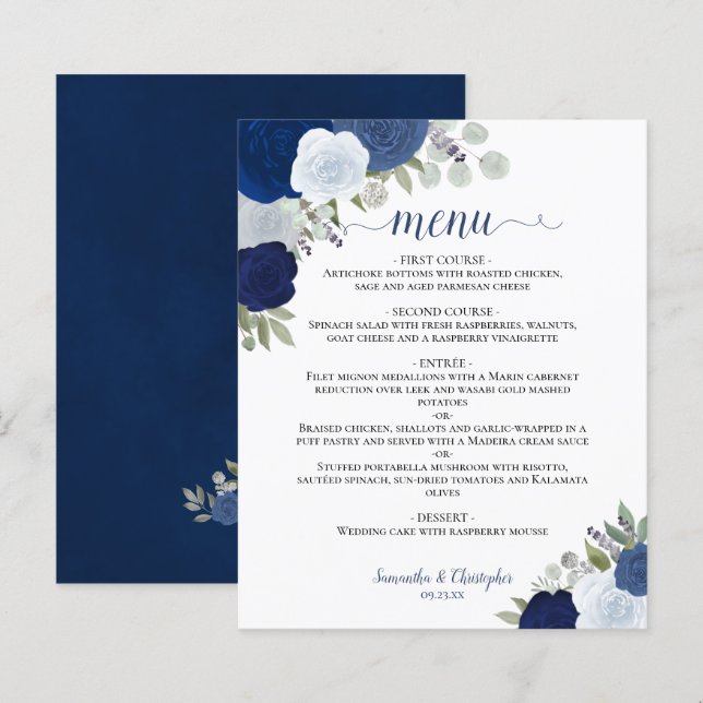 Marine & Dusty Blue Roses Budget Mariage Menu (Devant / Derrière)