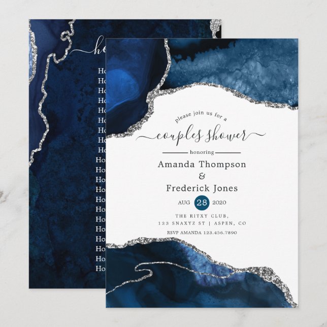 Marine et Argent Agate Couples Douche Invitation (Devant / Derrière)