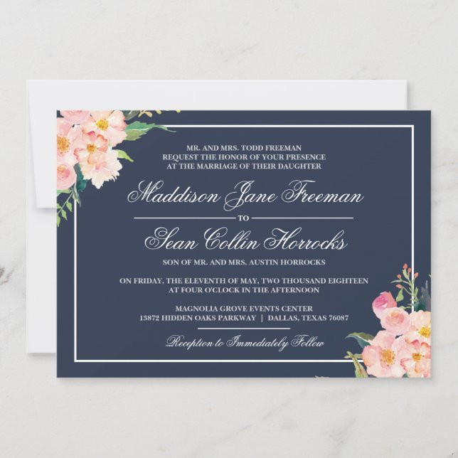 Marine et Blush Floral Faire-part de mariage (Devant)