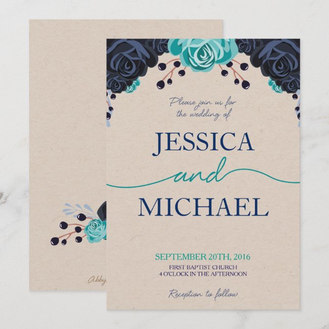 Marine et Faire-part de mariage floral turquoise (Devant / Derrière)