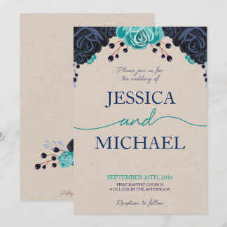 Marine et Faire-part de mariage floral turquoise
