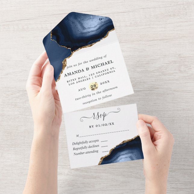 Marine et Gold Agate All In One Invitation (Déchirure)