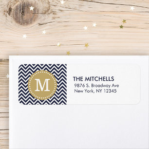 Marine et Gold Chevron Monogram Adresse de retour