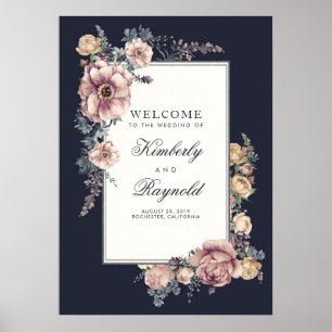 Marine et Mauve Floral Vintage Affiche de bienvenu