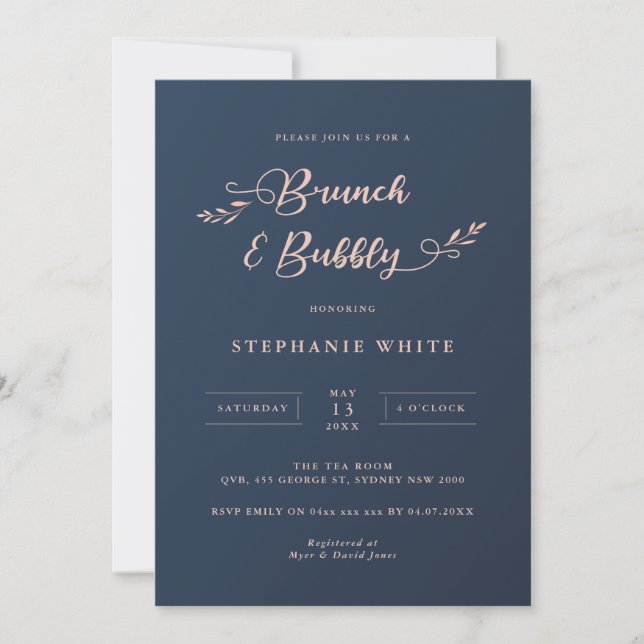 Marine et Pink Folich Brunch & Bubbly Invitation (Devant)
